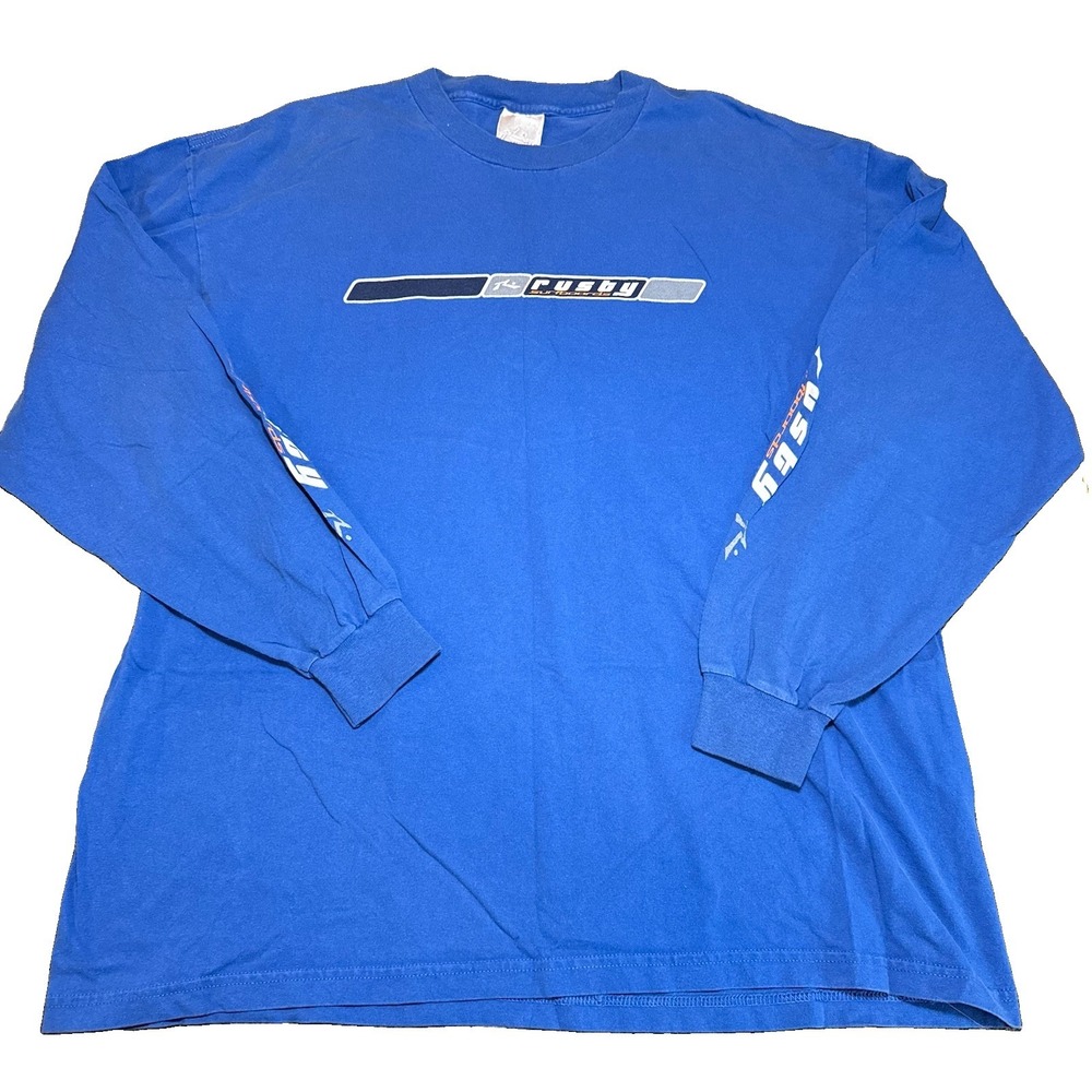 Vtg 90s Y2K Rusty Surfboards Mens XL Blue Faded Sleeve Hit Surf Streetwear USA